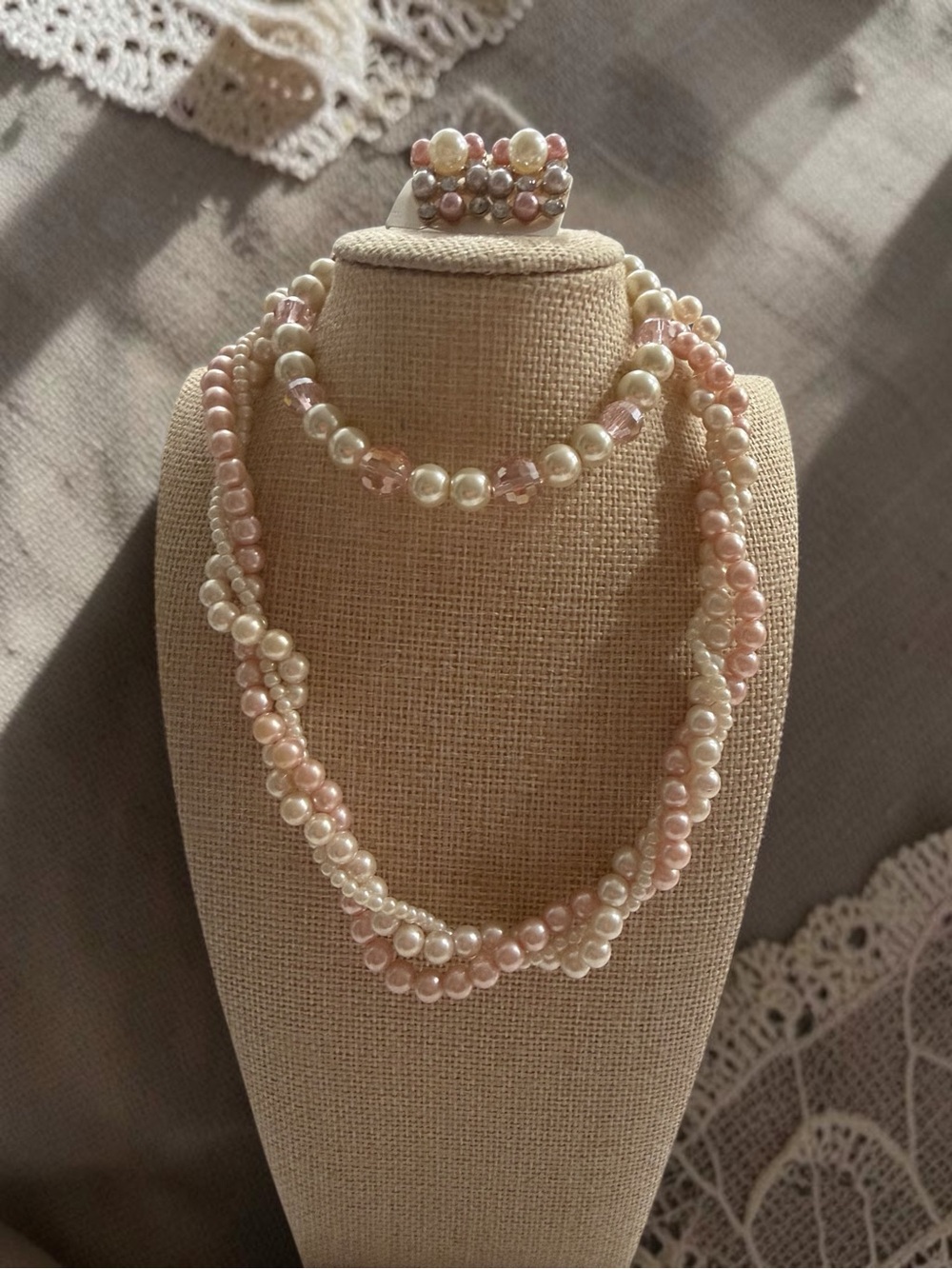 Classic Pearl and Pink Bead Necklace Set